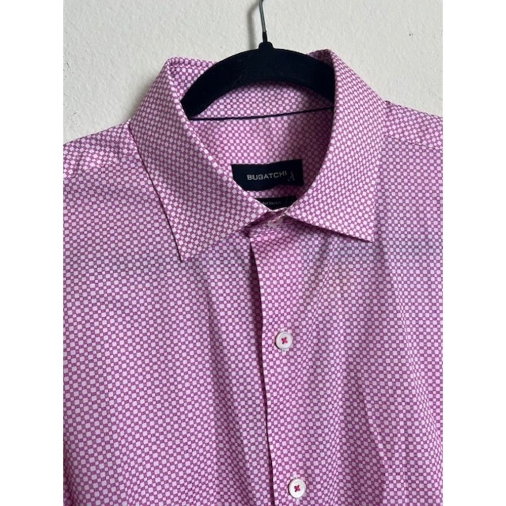 New Bugatchi Mens Sz 15.5 Pink Checkered Comfort Stretch Long Sleeve Dress Shirt